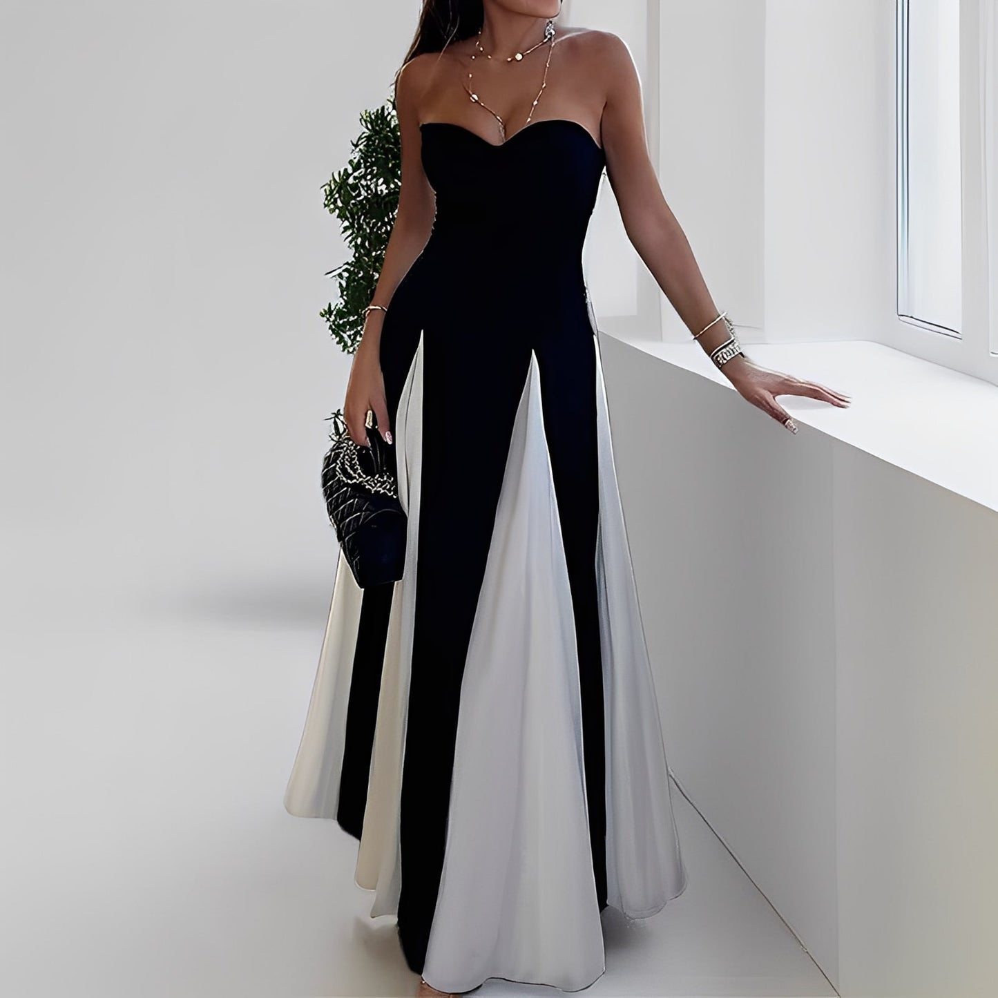 Charisse - Stilvolles Damenkleid mit unterschiedlichen Farben und weitem Rock