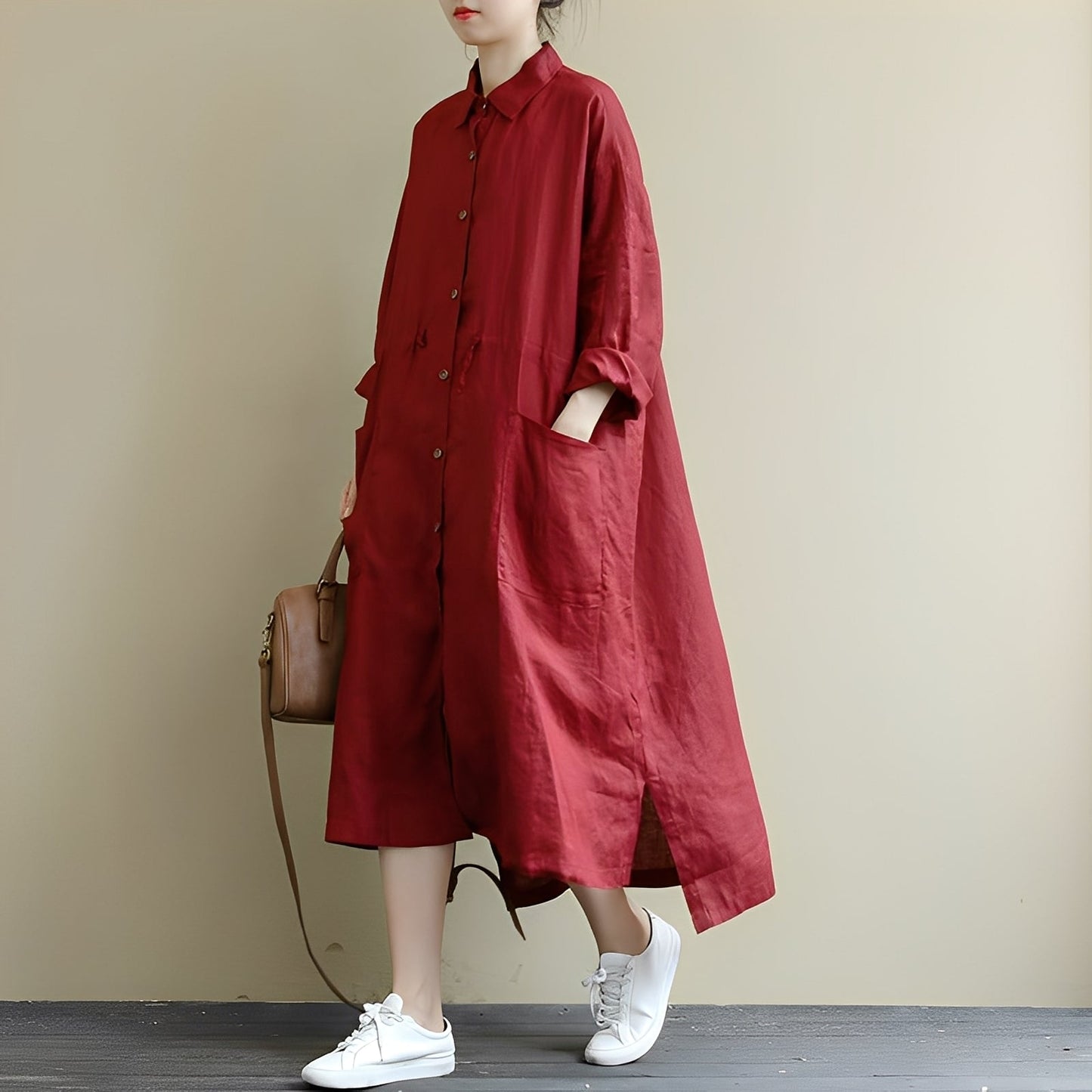 Chelsie - Damen-Maxikleid mit lockerer Passform und Knöpfen