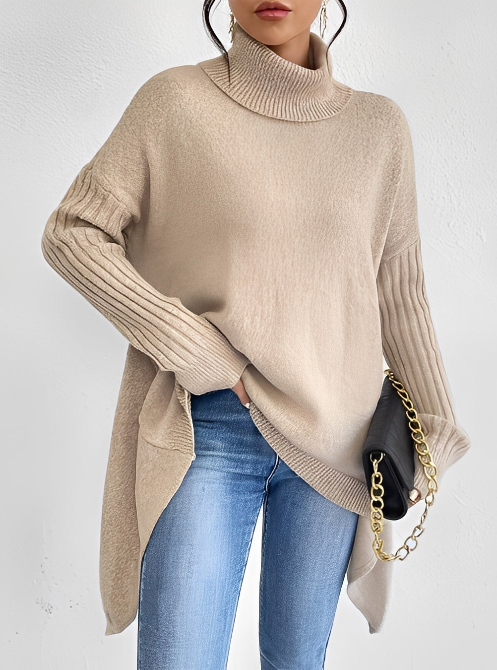 Wendy - Eleganter langer Damenpullover mit Rollkragen
