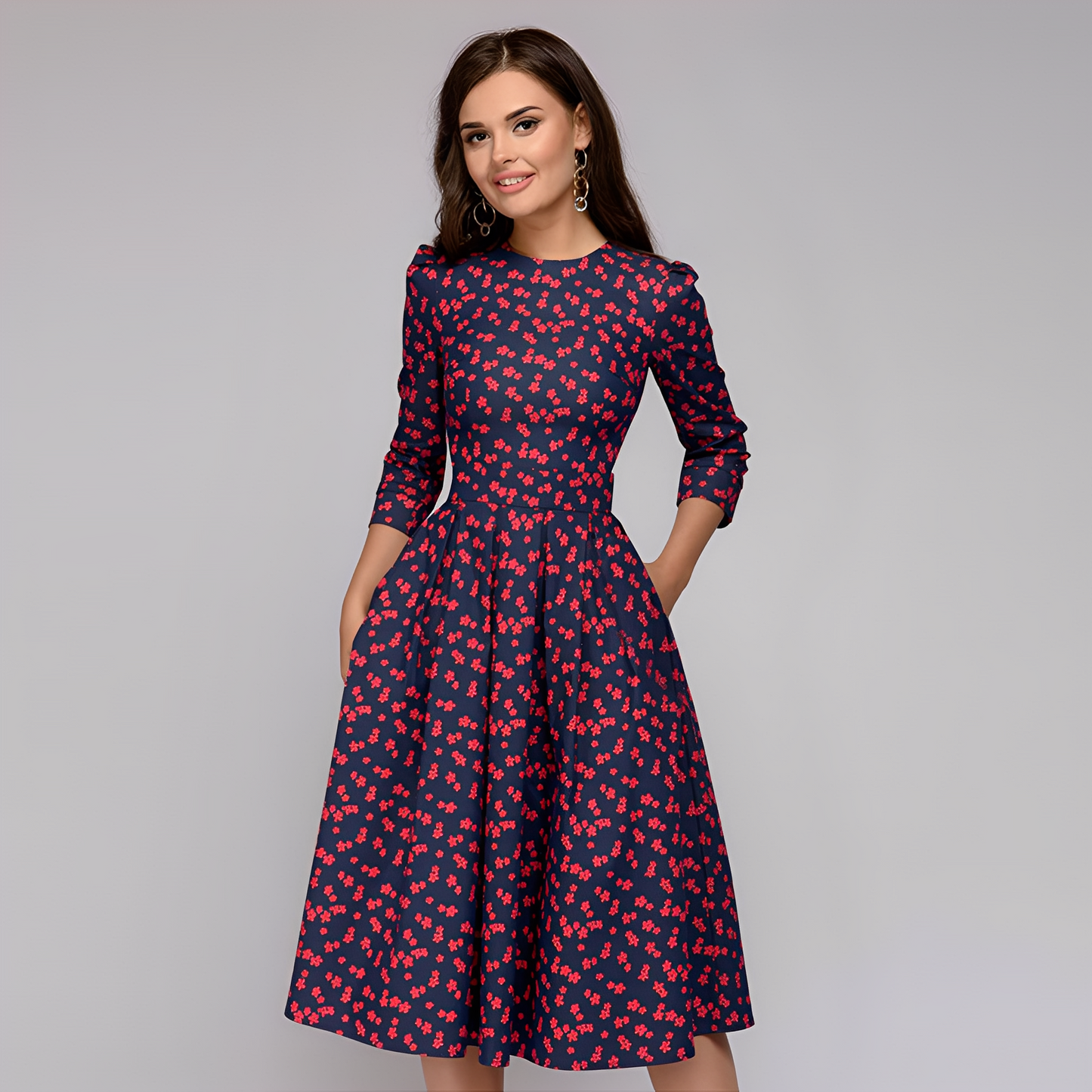 Elisabeth - Elegantes Damenkleid mit langen Ärmeln und Blumendruck