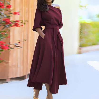 Dahlia - Stilvolles Damenkleid ohne Schultern mit Gürtel