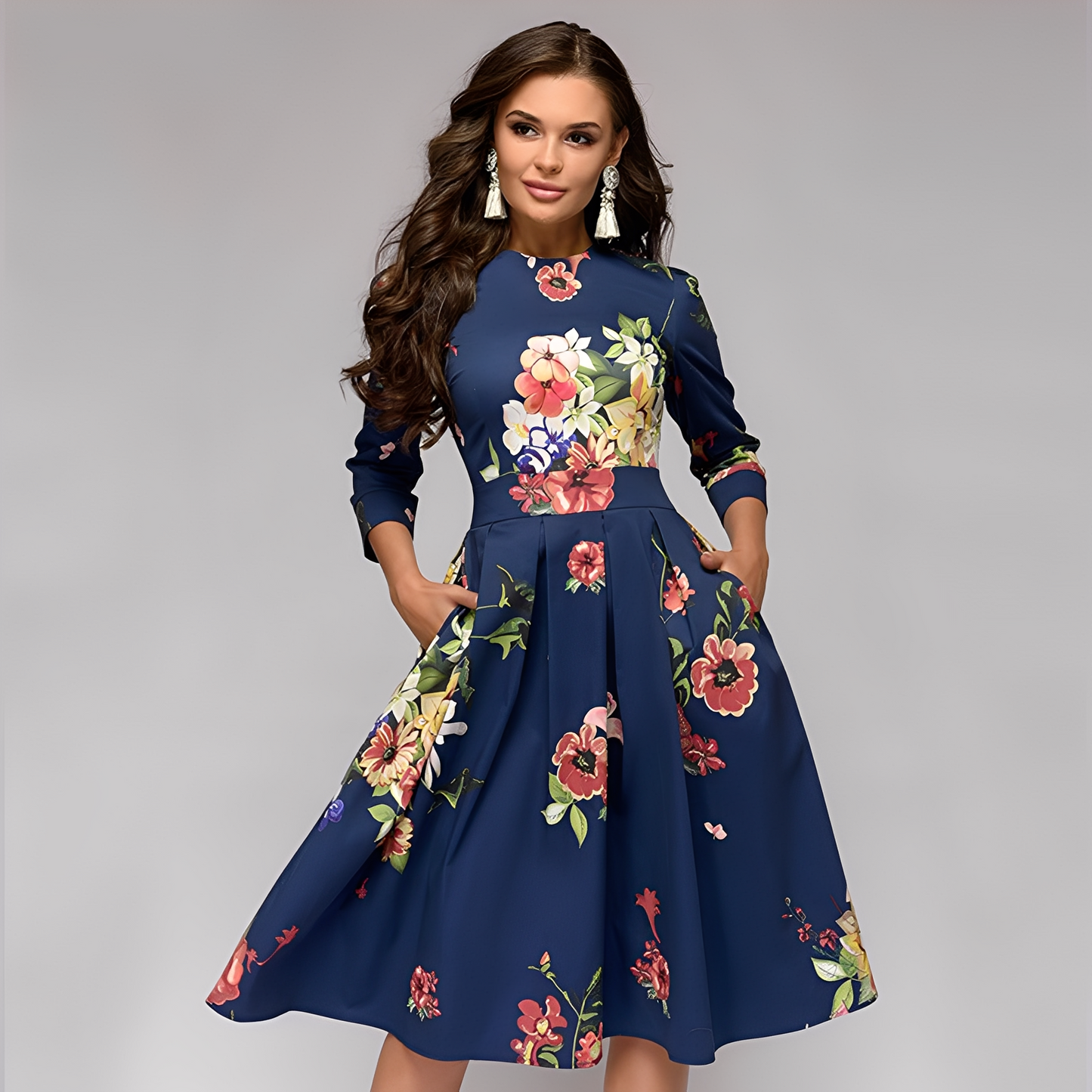 Elisabeth - Elegantes Damenkleid mit langen Ärmeln und Blumendruck