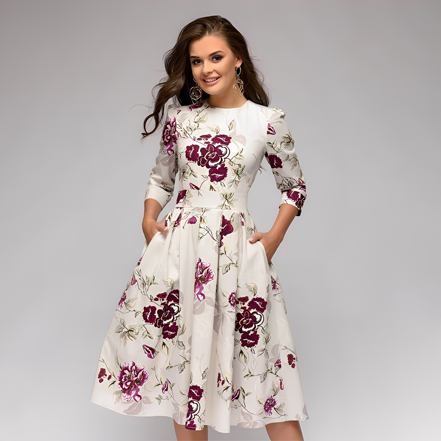 Elisabeth - Elegantes Damenkleid mit langen Ärmeln und Blumendruck