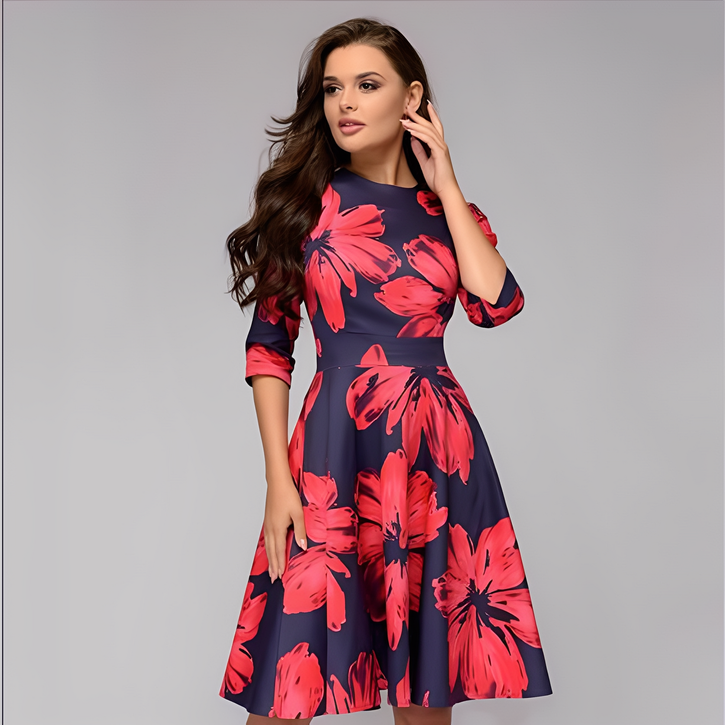 Elisabeth - Elegantes Damenkleid mit langen Ärmeln und Blumendruck